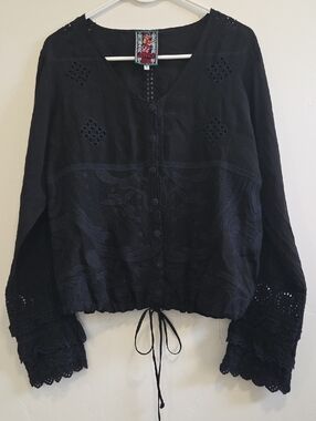 Johnny Was Black Embroidered Button-Front Drawstring Blouse